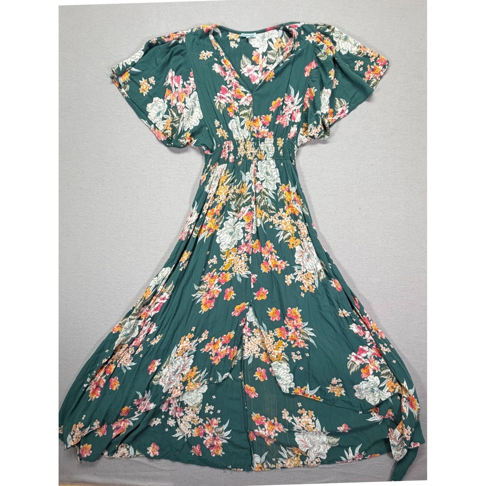 Nostalgia Maxi Dress Womens Small Good Green Floral Flutter Sleeve‎ Boho Smocked
